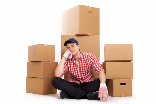 Business relocation setup with labelled boxes and office furniture
