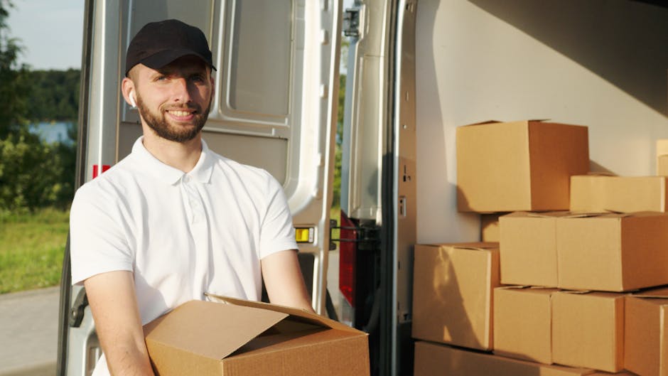 A male mover with a beard, dressed in a white polo shirt and black cap, stands next to an open white van during a home relocation process. He is holding a medium-sized cardboard box, which is part of 